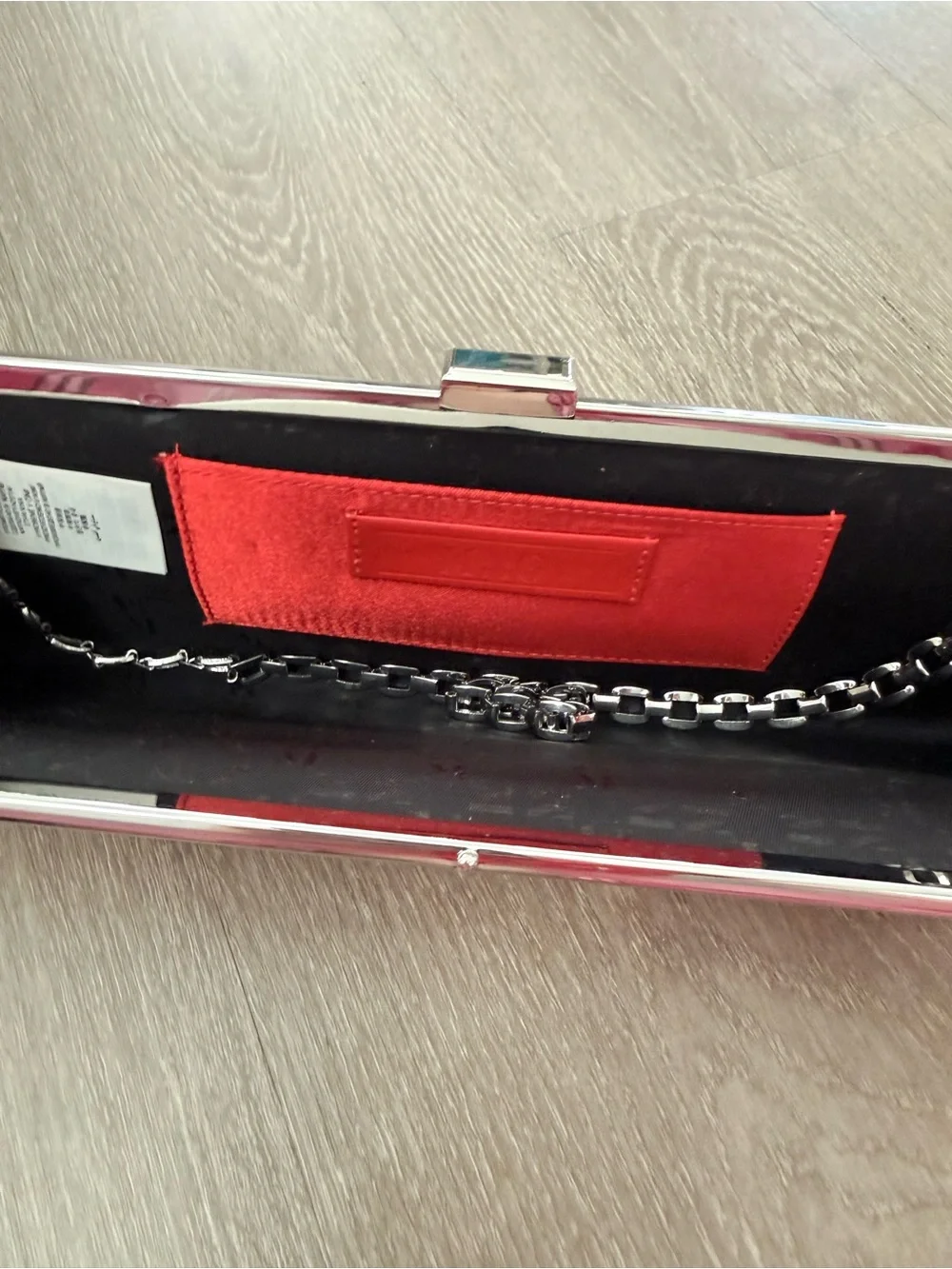 Mango Red Satin Clutch with Silver Chain Handle